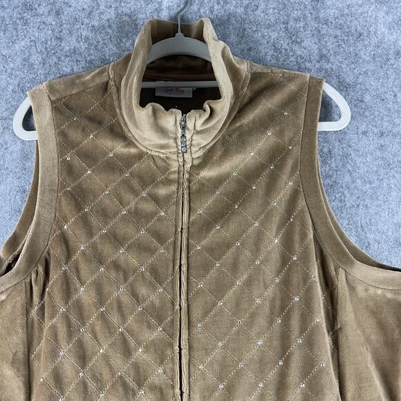 Quacker Factory Velour Vest Women XL Tan Rhinestone Bling Full Zip Quilted Artsy - Picture 2 of 14